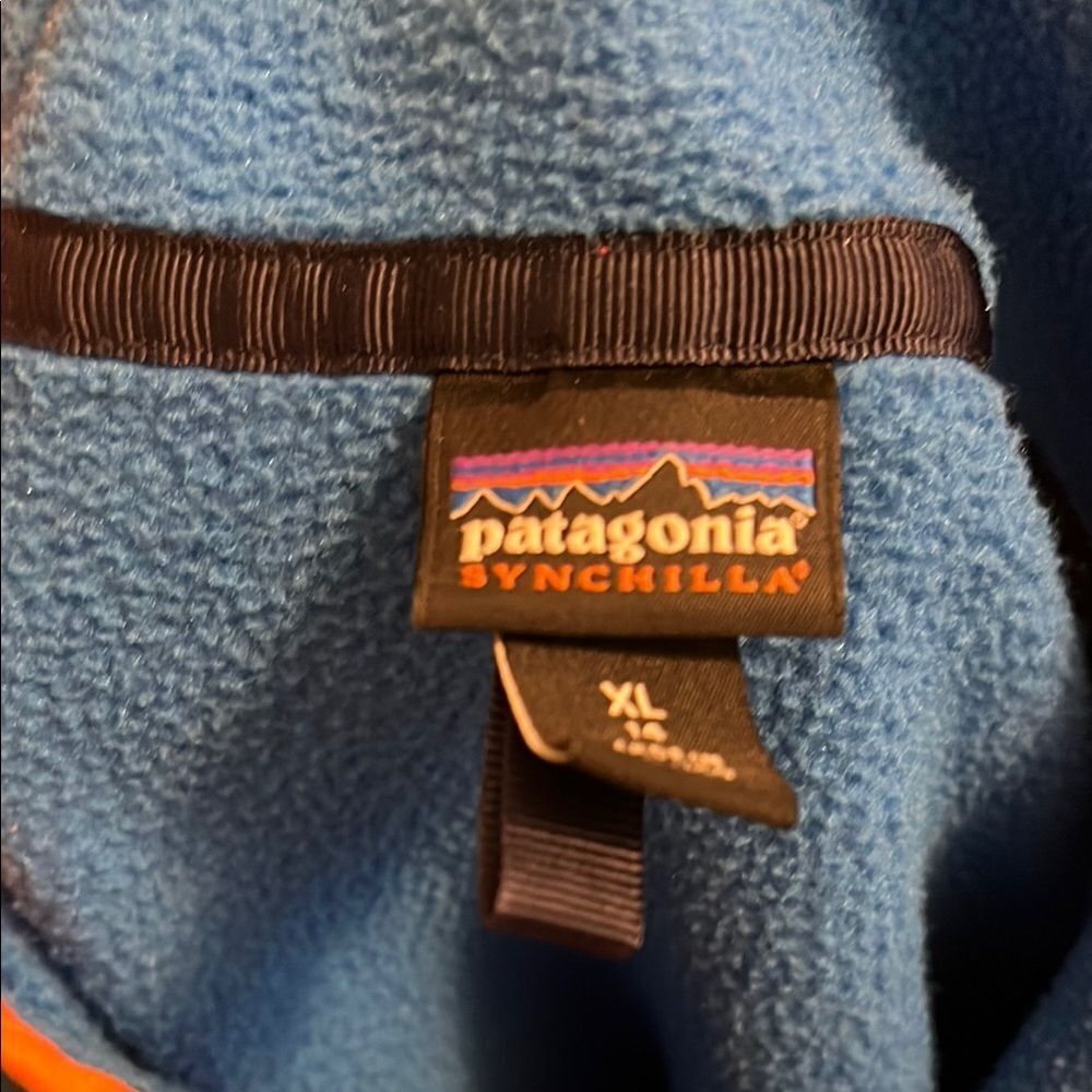 SOLD Patagonia Synchilla Blue Orange Fleece Snap Front Button Jacket Gorpcore - Picture 8 of 12